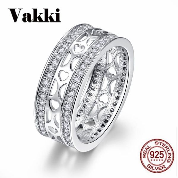wedding rings genuine silver color wide-faced hollow heart-shaped double-row cz finger for women engagement jewelry, Slivery;golden